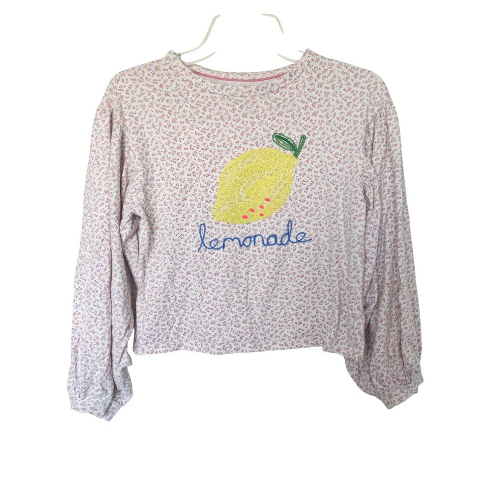 Mini Boden Girls Long-Sleeve Pink Floral Lemonade Embroidered Top Size 11-12Y